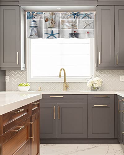 Nautical Valance Curtain For Window,Coastal Lighthouse Starfish Collage Plaid Rod Pocket Kitchen Valances Short Curtain Panel Summer Beach Conch Window Treatment Drape For Bathroom/Bedroom/Cafe #TOP4