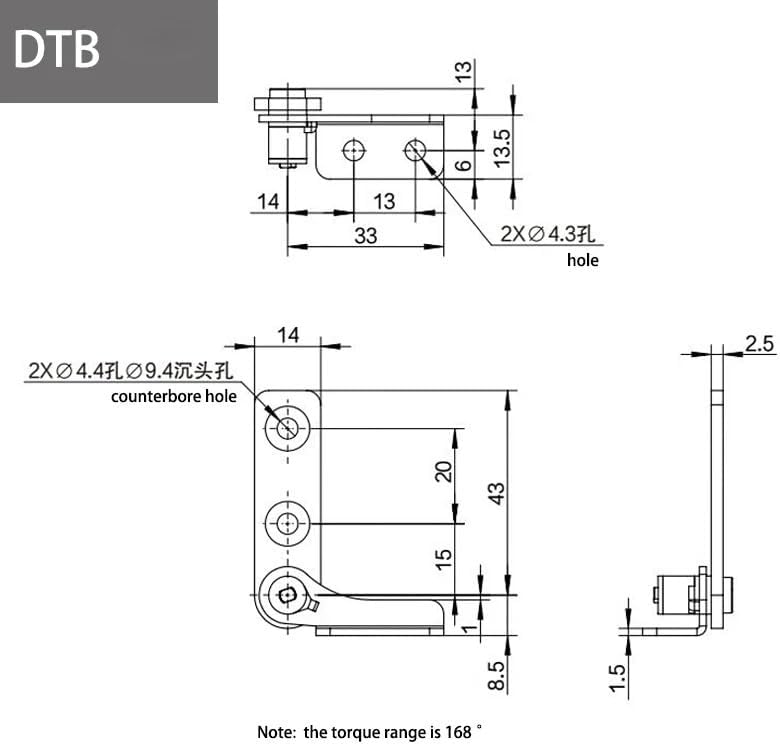 Stainless Steel Damping Hinge with Adjustable Torque Stop Anywhere Pivot and Positioning Support 1Pcs(DTA Left-Right,2.5N.m)