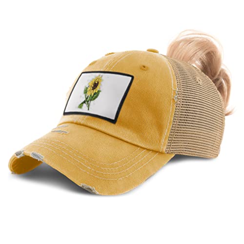 Womens High Ponytail Cap Sunflower Vintage Look A Nature Flowers & Plants Flowers & Plants Botanical Cotton Sunflower Patch Trucker Hats Mustard Rectangle Patch