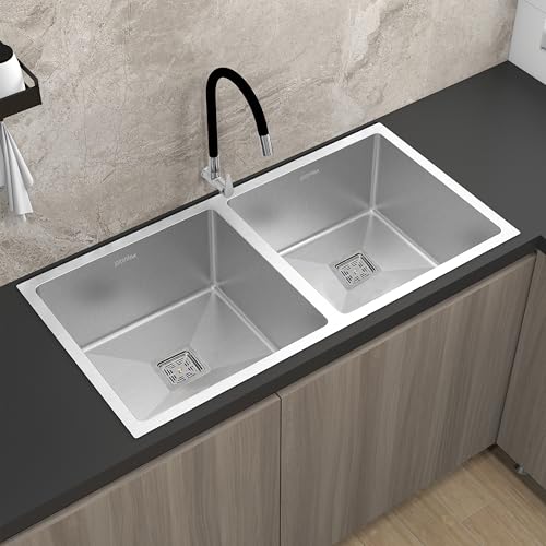 Plantex Double Bowl Sink for Kitchen/Heavy Duty Stainless Steel Sink with 25 Years Warranty by Plantex/Handmade Kitchen Sink with Drying Rack, Hose Pipe and Coupling (Silver Matt - 32x18x9 Inches)