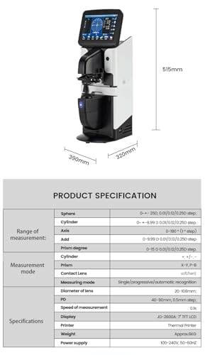 AISITESY Lensómetro LCD Focímetro Lensímetro Ecrã tátil de 7 polegadas Focímetro novo Digital Auto P