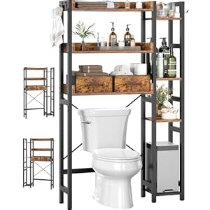 Over The Toilet Storage with 2 Drawers – 7 Tier Bathroom Organizer with Adjustable Shelf, Freestanding Space Saver Storage Rack Above Toilet Stand with 4 Hooks for Restroom, Laundry, Rustic Brown