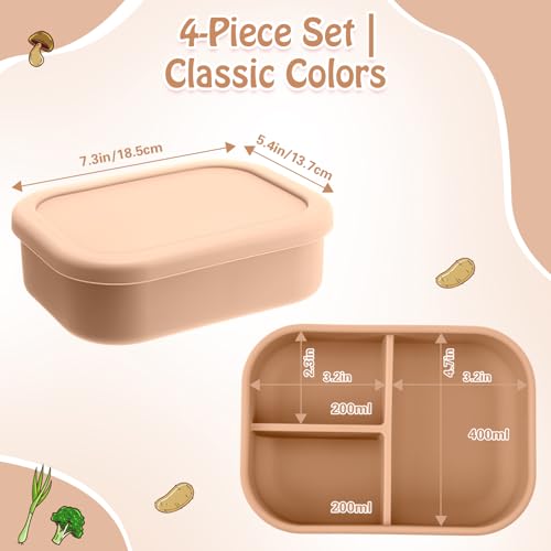 Image of Honeydak 4 Pcs Silicone Bento Box, 3 Compartment Lunch Food Container for Women Men, Leak Proof Microwave Easy to Clean Dishwasher Freezer Safe (Yellow)