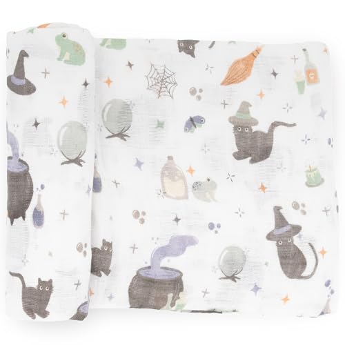 Image of Little Unicorn Premium Cotton Swaddle Baby Blanket | Breathable Fabric | for swaddling, Play, Nursing & More (Cats and Cauldrons)