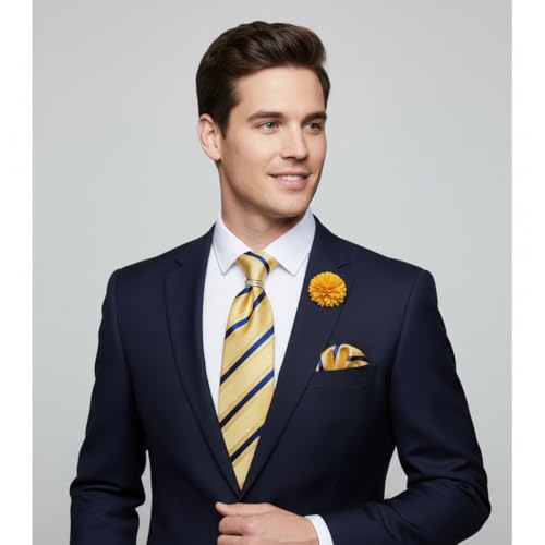 Image of 5PCS Mens Silk Tie, Pocket Square, Cufflinks, Drilled Tie Ring and Lapel Pin Set for Wedding Groom Party