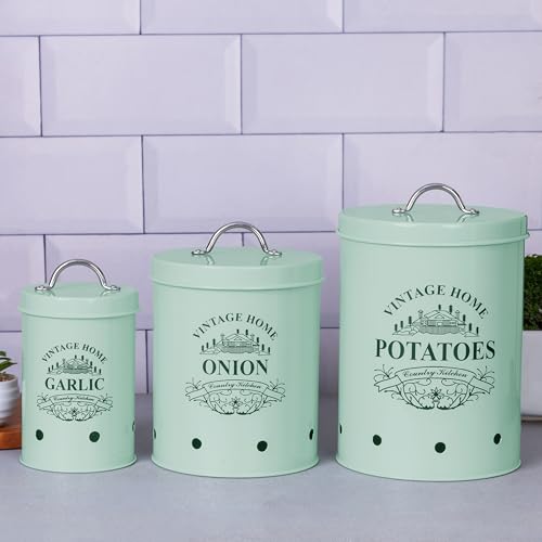 Image of Metallure Home Round Classic Kitchen Storage Containers | Set of 3 Metal Jars With Lid | Potato, Onion & Garlic (Food Safe) (Light Green)