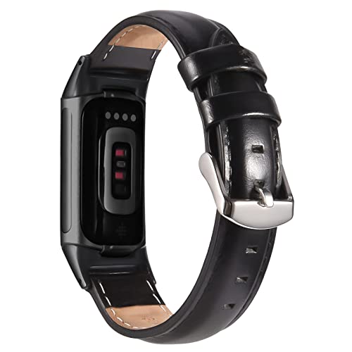 Image of QINGQING Leather Charge 5 Band, Compatible with Fitbit charge 5 bands for Women Girls, Genuine Leather Band Replacement Strap Wrist band for Fitbit Charge 5 Advanced Fitness & Health Tracker (Black)