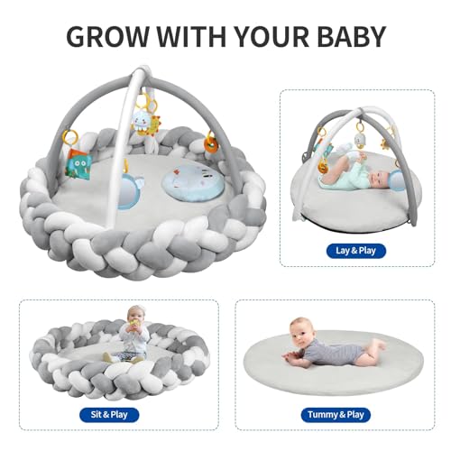 Yacul Baby Play Gym and Activity Mat, Thick Soft Tummy Time Playmat with 6 Detachable Toys for Sensory Development, Infant Floor Mat for Playroom and Nursery(Grey)