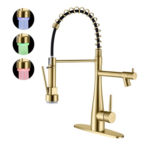 TOYWIA LED Kitchen Faucets with Pull Down Sprayer, Gold Commercial Double-Headed Stainless Steel Kitchen Sink Faucet with LED Light for RV Bar Farmhous Laundry Outdoor