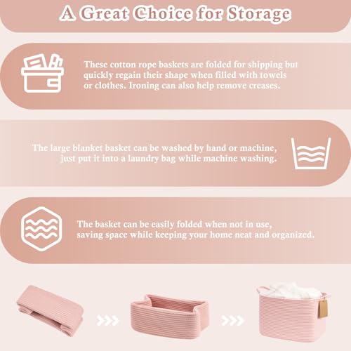 Image of Goodpick Woven Rope Storage Basket for Shelves, Rectangle, Pink