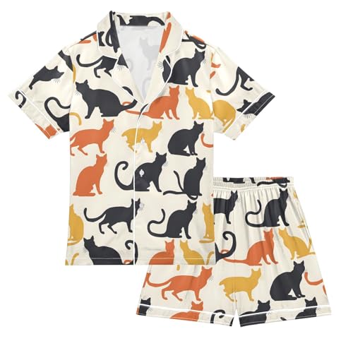 ALAZA Orange Black Kitten Cat Satin Pajamas Set Short Sleeve Button Down Sleepwear Summer Pjs 2 Piece