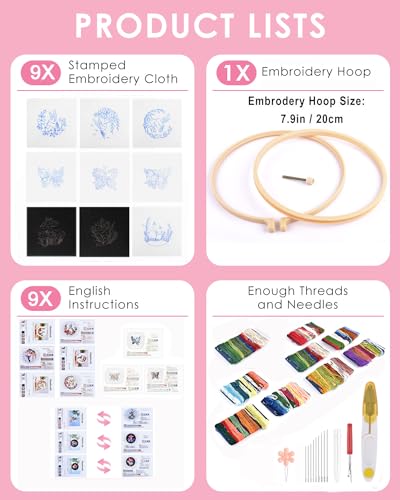 Image of TINDTOP Embroidery Kit for Adult, Hummingbird Butterfly Mushroom Flower Kit | 9 Sets for Beginners Include Embroidery Cloth Hoop Threads with Embroidery Skill Techniques