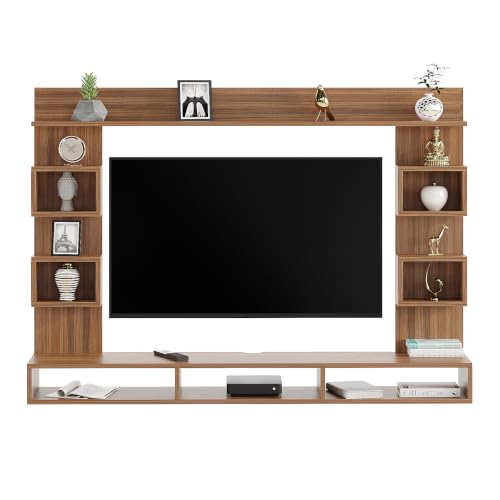 Image of FURNEASER Martin Modern Wall Mount TV Unit for Living Room Wooden Entertainment Center with Storage Shelves Modern TV Panel Stand Showcase for Up to 43 Inch Media Console Cabinet (Exotic Teak)