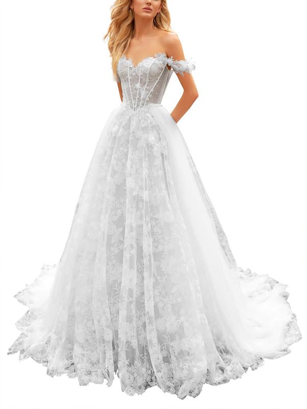 Prinzessin Brautkleid mit Schleppe Damen Lang Hochzeitskleider Off Shoulder Spitze Braut Standesamt Kleider A-Linie