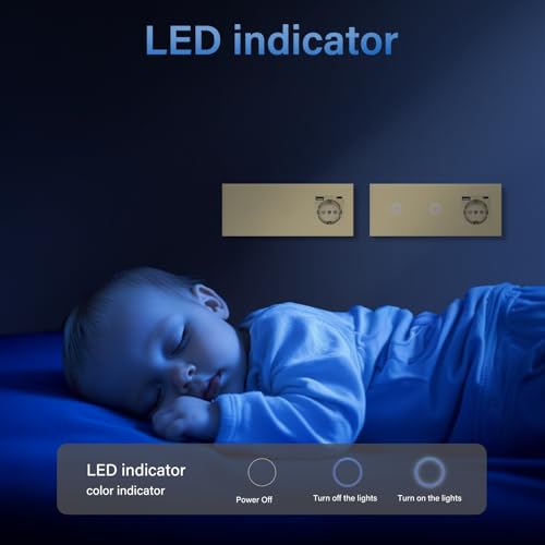 BSEED Touch Lichtschalter mit Steckdosen doppelte 1 Fach 1 Weg Wandschalter mit einer USB Steckdose Anschluss (Max. 2.1A) Typ C Port Unterputz Touchscreen-schalter mit Glasrahmen 228mm Golden
