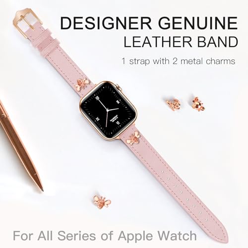 Image of JR.DM Slim Leather Bands Compatible with Apple Watch Band 38mm 40mm 41mm 42mm 44mm 45mm 46mm 49mm, Genuine Leather Band with Charms, Feminine Design for Iwatch Ultra SE Series 11 10 9 8 7 6 5 4 3 2 1