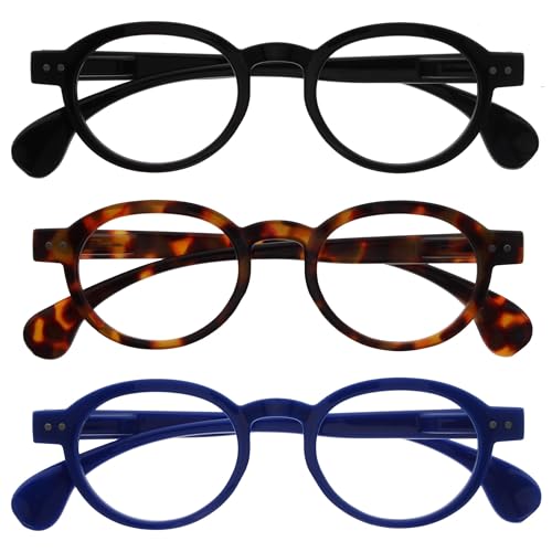 OPULIZE OCA Lunettes de Lecture - Lot de 3 - Monture Ronde Moderne Rétro - Noir, Brun, Bleu - Hommes Femmes - Charnières à Ressort - RRR54-123 - +2.00