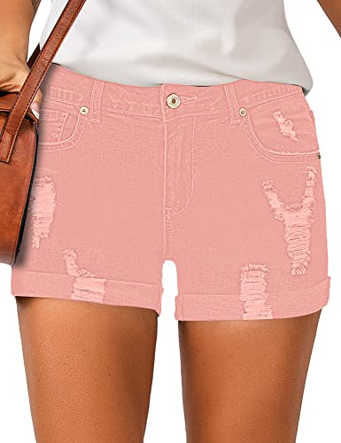 LookbookStore Women Summer High Waisted Sewn Cuffed Hem Buttons Denim Jean Shorts High Rise Womens Jorts Y2K Denim Short Jeans Candy Pink Size M