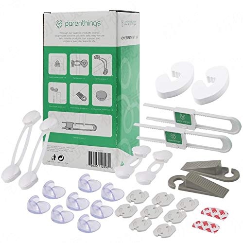 Parenthings kits de sécurité pour bébé avec protecteur de coin transparents, caches pour prises de courant, bloque-portes en mousse, serrures d'armoires,loquets de placards, protections d'angles 26pcs