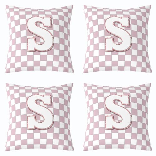 Image of Erosebridal Pink Initial S Throw Pillow Covers 18x18 Set of 2 Kawaii Plaid Checkered Pillow Covers Cute Personalized Monogram Cushion Cover Fashion Grids Gingham Pillow Cases for Couch Sofa