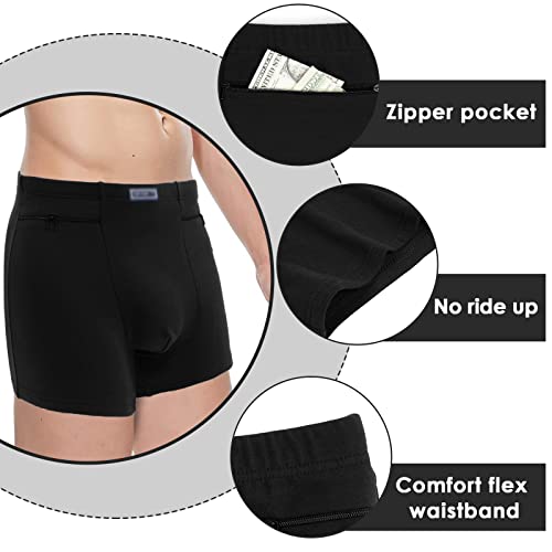 Men's Boxer Briefs Secret Hidden Pocket, 2 Packs Travel Underwear with Front Stash Pockets (Black)3