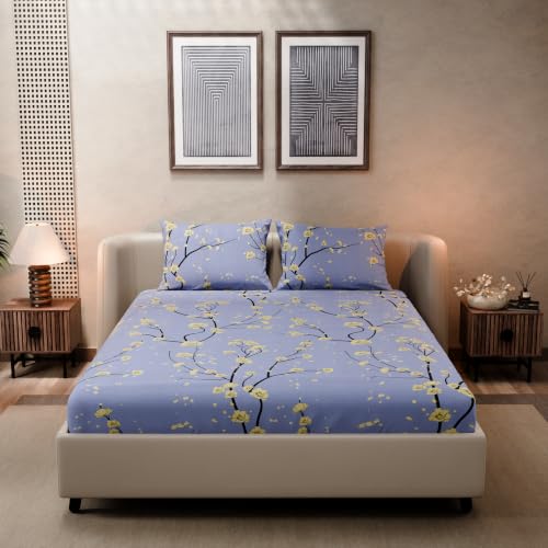 Image of BLISSHOME SoftTouch 140TC Cotton King Size Fitted Bedsheet with 2 Pillow Covers, Silky Smooth Bedding Set, Breathable, Easy Maintain, Floral Print - Lavender, Yellow (182cm x 198cm x 25cm Drop)