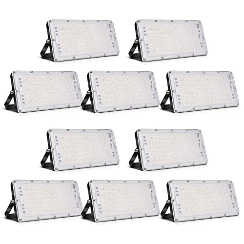 Viugreum 100W Flood Lights Outdoor, 8000LM Super Bright LED Work Light, 3000K Warm White LED Flood Light Outdoor, IP65 Waterproof Security Lights for Garage, Yard, Lawn, Garden, Stadium - 10 Pack