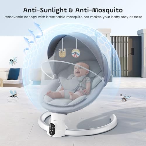 Miniatura 8 de Helangel Columpio Para Bebés, Balancín Eléctrico Con Aplicación Y Mando A Distancia, Arnés De 5 Puntos Mejorado, 10 Canciones Bluetooth Y 5 Velocidades, Soporta 9 Kg