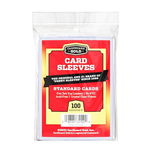 Cardboard Gold Penny Sleeves for Trading Cards - 100 Count Card Protector Sleeves with Durable, Crystal-Clear Plastic for Baseball, Sports, Collector, Standard-Sized Cards 2-5/8” x 3-5/8” (67x94mm)
