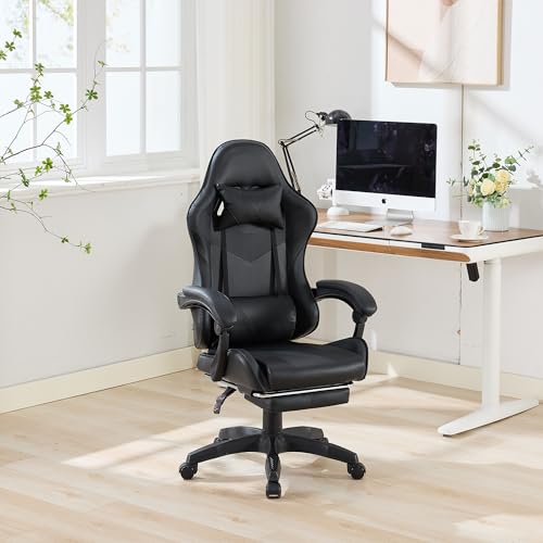 Worletty Silla ergonómica giratoria de 360 grados, de piel, con reposapiés, reposacabezas y soporte lumbar, para oficina y juegos, color negro