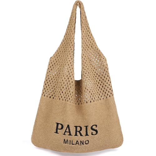 hatisan Bolsas de crochê para mulheres bolsa de verão praia sacola estética bolsa bolsa hippie bolsa de malha, Bordado, café, Medium