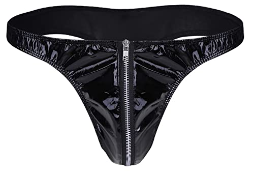 FEOYA Mens Leather Shorts Latex Trunks Low Rise Leather Boxer Briefs Open Front Crotchless Shiny Thong Underwear