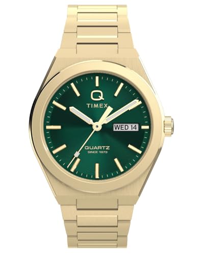 Timex Men'S Q Continental Day And Date 39 Mm Quartz Watch - Gold-Tone Stainless Steel Bracelet With Green Dial Tw2Y35100