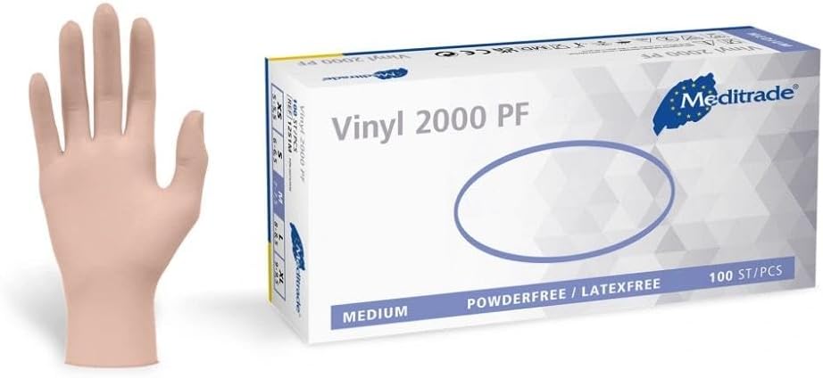 Examination Gloves - Medium, Powderless, Hypoallergenic, Heavy Duty, Latex Free, Long Cuff, Ambidextrous, Disposable, for Any Sector, Bulk Buy (Clear) (Medium) - Meditrade Vinyl 2000 PF