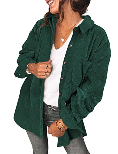 Saslax Damen Cord-Hemd, langärmelig, übergroß, Knopfleiste, V-Ausschnitt, Blusen, Tops, lockere Shacket-Jacke, A-grün, Groß