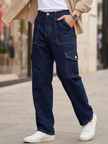 Image of Urbano Fashion Men's Loose Mid Rise Baggy Fit Cargo Jeans with 6 Pockets Non-Stretchable