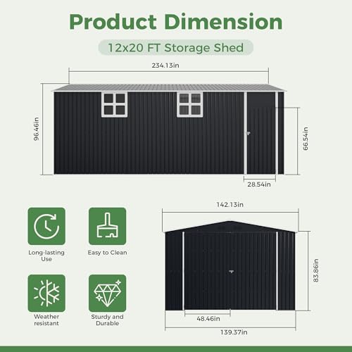 Image of AirWire 12x20 FT Storage Shed, Large Metal Garden Shed with Double Lockable Doors, 2 Windows & Air Vents, Garage Car Shelter with Side Door for Backyard Garden Patio Lawn, Cars Trucks Boat, Black