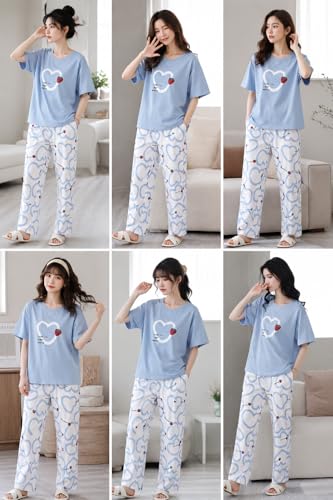 Image of Women's Pure Cotton Nightwear Set - Cute Printed Lavender Half Sleeve T-Shirt and Pajama Set for Girls, Comfortable Loungewear & Sleepwear