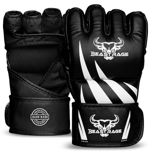 BEAST RAGE Guantes MMA para hombre para lucha, guantes de boxeo MMA Muay Thai, guantes de kickboxing con soporte para la muñeca, almohadilla amortiguadora para mujer, BJJ niños (negro, S/M)