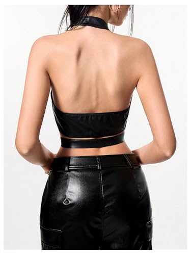 MakeMeChic Women's Sleeveless PU Leather Halter Tops Zipper Front Asymmetrical Hem Y2K Crop Top2