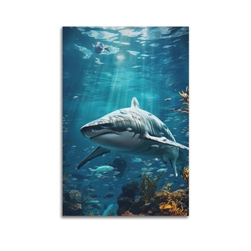 Grands requins blancs decoration murale salon tableau mer toile 60 x 90 cm HAYZE