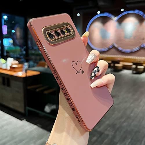 ZTOFERA Compatible with Samsung Galaxy S10 Case for Girls Women, Flexible Silicone Protective Phone Case with Cute Love Heart Pattern Golden Edging Shockproof Bumper Cover, Pink