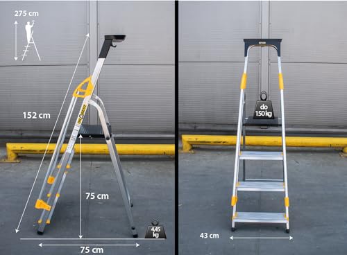 DRABEST Leiter PRO Serie Alu Klaptritt 4 Stufen Klappbare Leiter mit Sicherheits Handläufen bis 150 kg belastbar