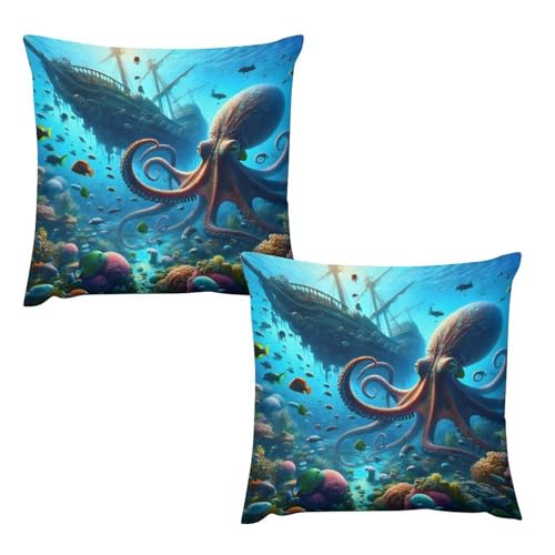 KANEPE Nautical Animal Pillow Covers Dream Octopus Blue Ocean Tropical