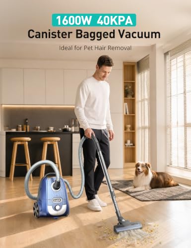 Image of Aspiron Canister Vacuum, 1600W /40Kpa Canister Bagged Vacuum,4QT Dust Bag, H13 HEPA Filter, 5 Tools, Pet-Friendly,Variable Power Control,for Carpets, Hardwood Floors, Stairs, Pet Hair, Household,Car