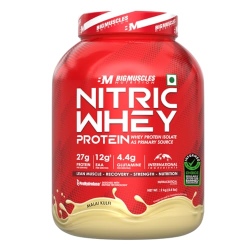 Bigmuscles Nutrition Nitric Whey protein | 27g Isolate Whey Protein | Informed Choice UK Certified ProHydrolase Enzyme Tech. for Faster Absorption & Lean Muscle Growth | Malai Kulfi | 2Kg