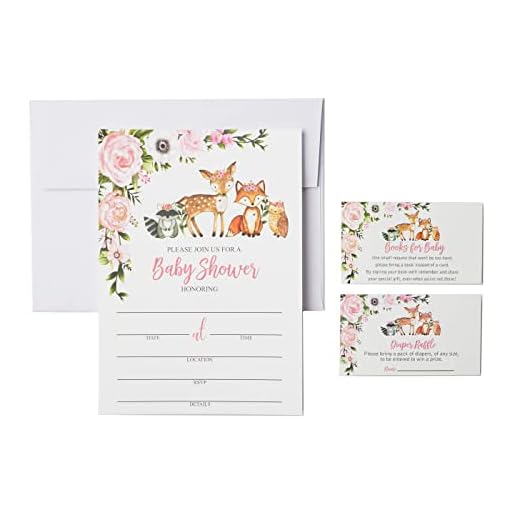 25 Girl Woodlands Floral Greenery Baby Shower Invitations (Large Size 5X7 inches), Diaper Raffle Tickets, Book Request Cards with Envelopes Woodland Creatures Invites Fox, Deer, Owl, Raccoon