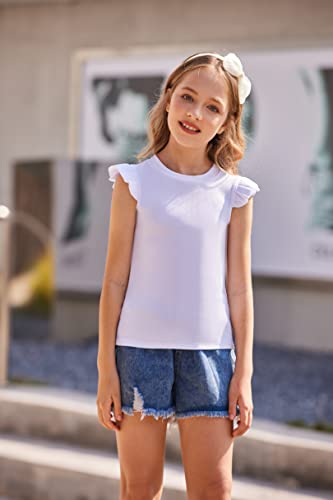 Girls T Shirts Ruffle Sleeve Summer Casual Ribbed Knit Crewneck Tee Tops Blouses2