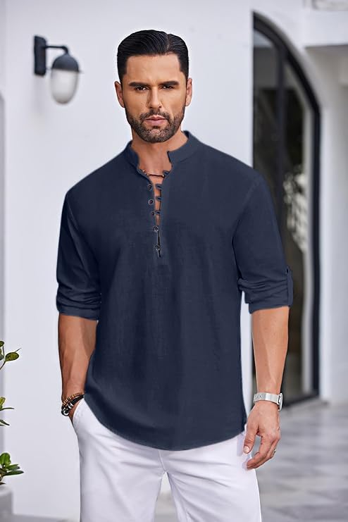 Image of FINIVO FASHION Men's Straight Fit Cotton Blend Kurta with Foldable Sleeves & Formal Collar - Solid Color, Pack of One