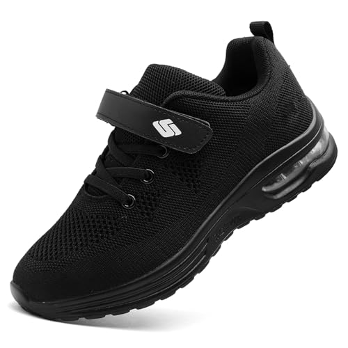 Unitysow Kids Sneakers Boys Girls Cushion Athletic Running Shoes Lightweight Breathable Walking Sports Tennis Shoes,All Black,4 Big Kid